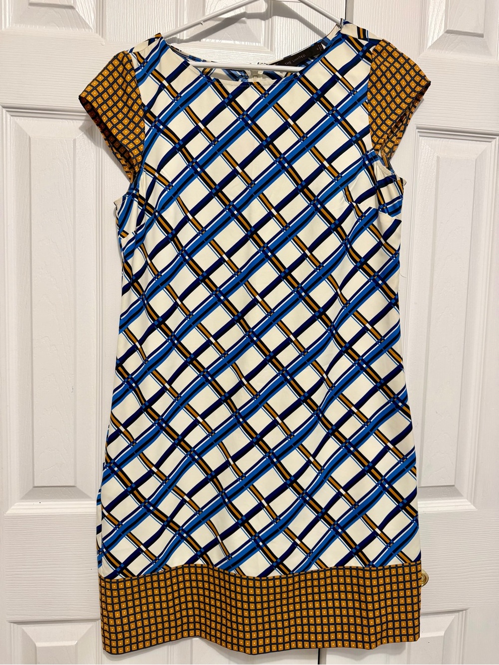 The Limited Blue and Mustard Geo-Print Cap Sleeve Shift Tunic
